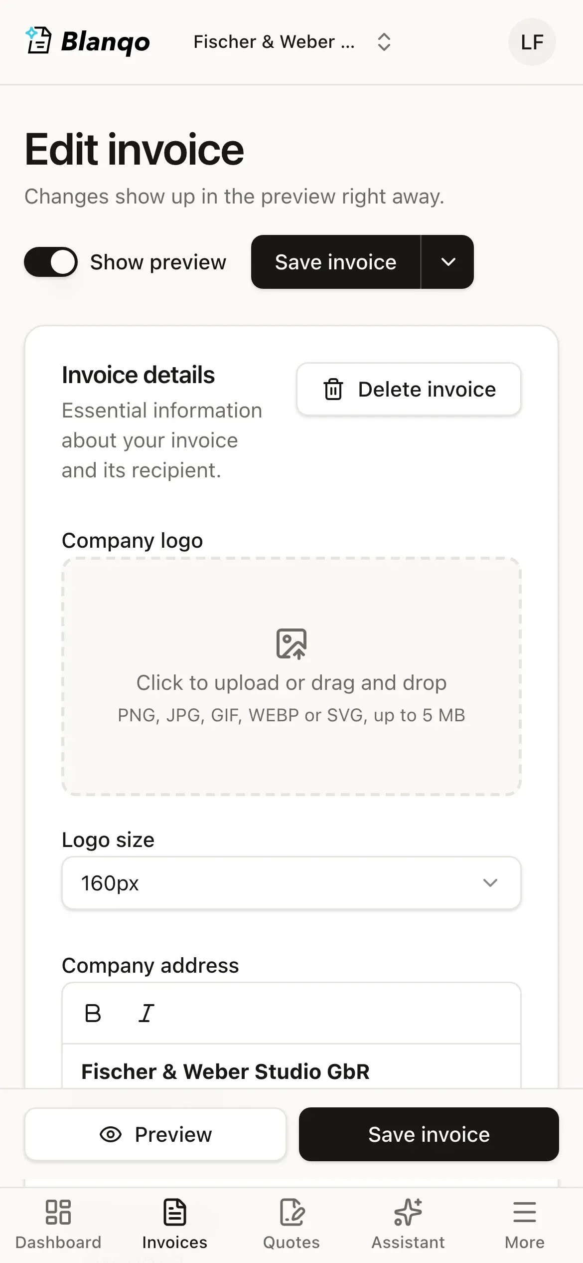 Invoice editor on a phone