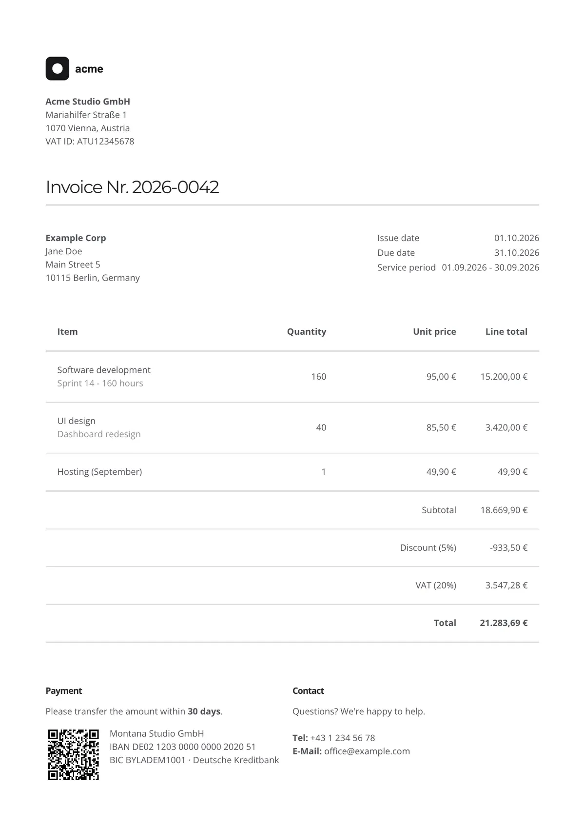 Sample invoice in the Montana design